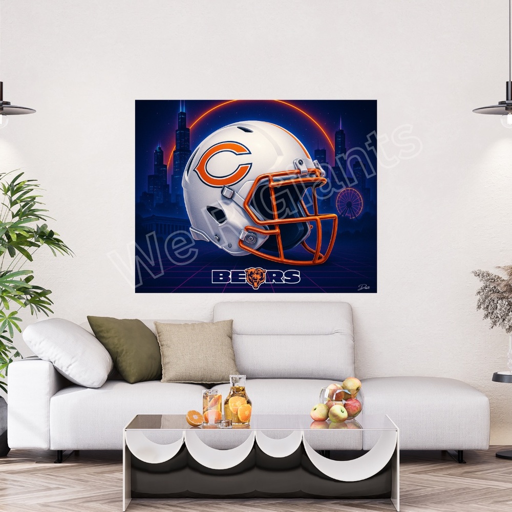 20x16 Chicago Bears Inspired Football Helmet Art Print Night Skyline Wall Art